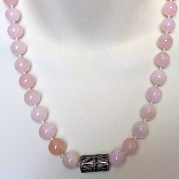 Vintage Sterling Rose Cut Diamond Pendant 11.5MM Pink Quarts Beaded Necklace 25"